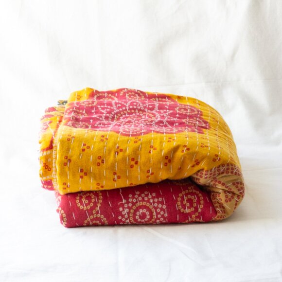 Vgt 90s Handmade Hand Block Stitch Indian Kantha Quilt Queen Bedspread Marigold - Picture 4 of 10